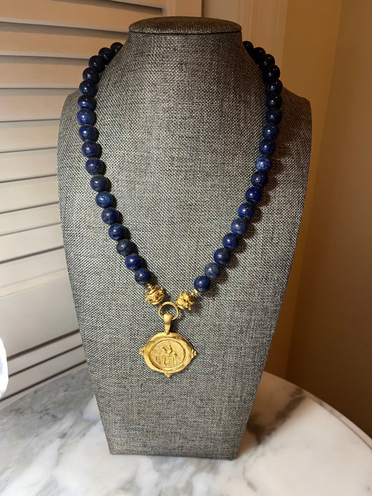 Susan Shaw Gold Coin Equestrian Necklace - Navy