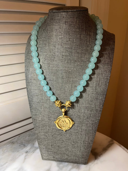 Susan Shaw Gold Coin Equestrian Necklace - Sea Glass Blue