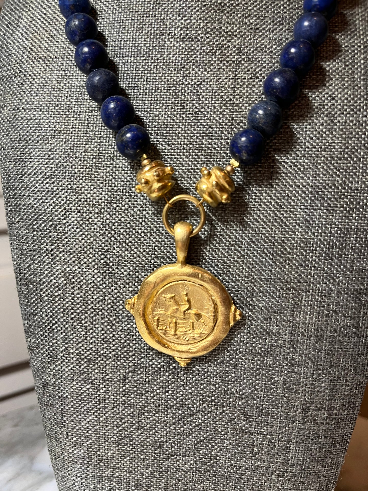 Susan Shaw Gold Coin Equestrian Necklace - Navy