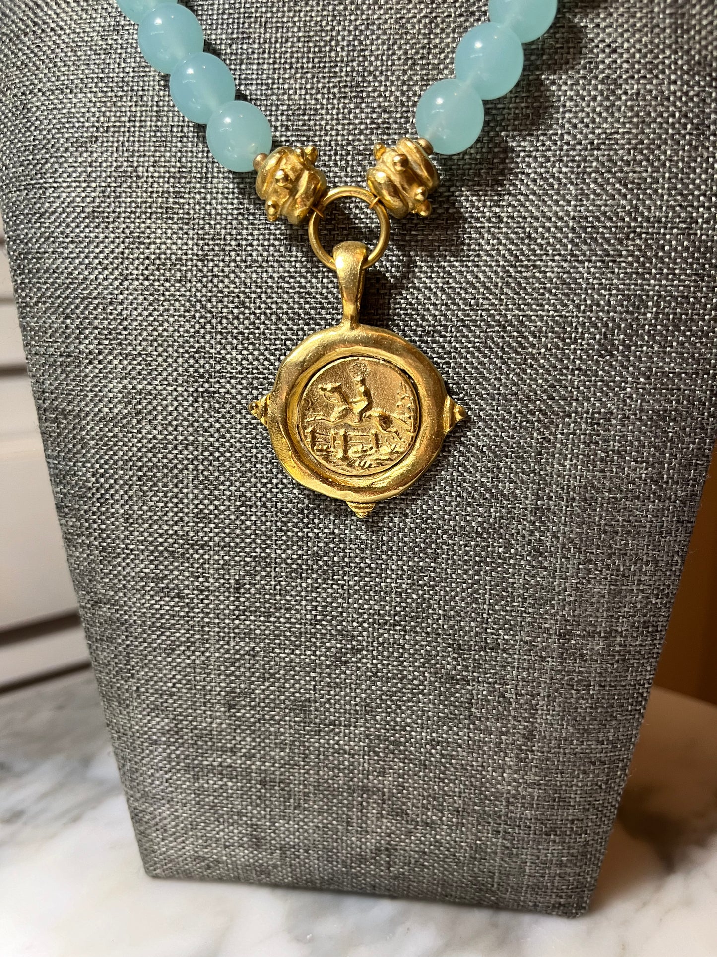 Susan Shaw Gold Coin Equestrian Necklace - Sea Glass Blue